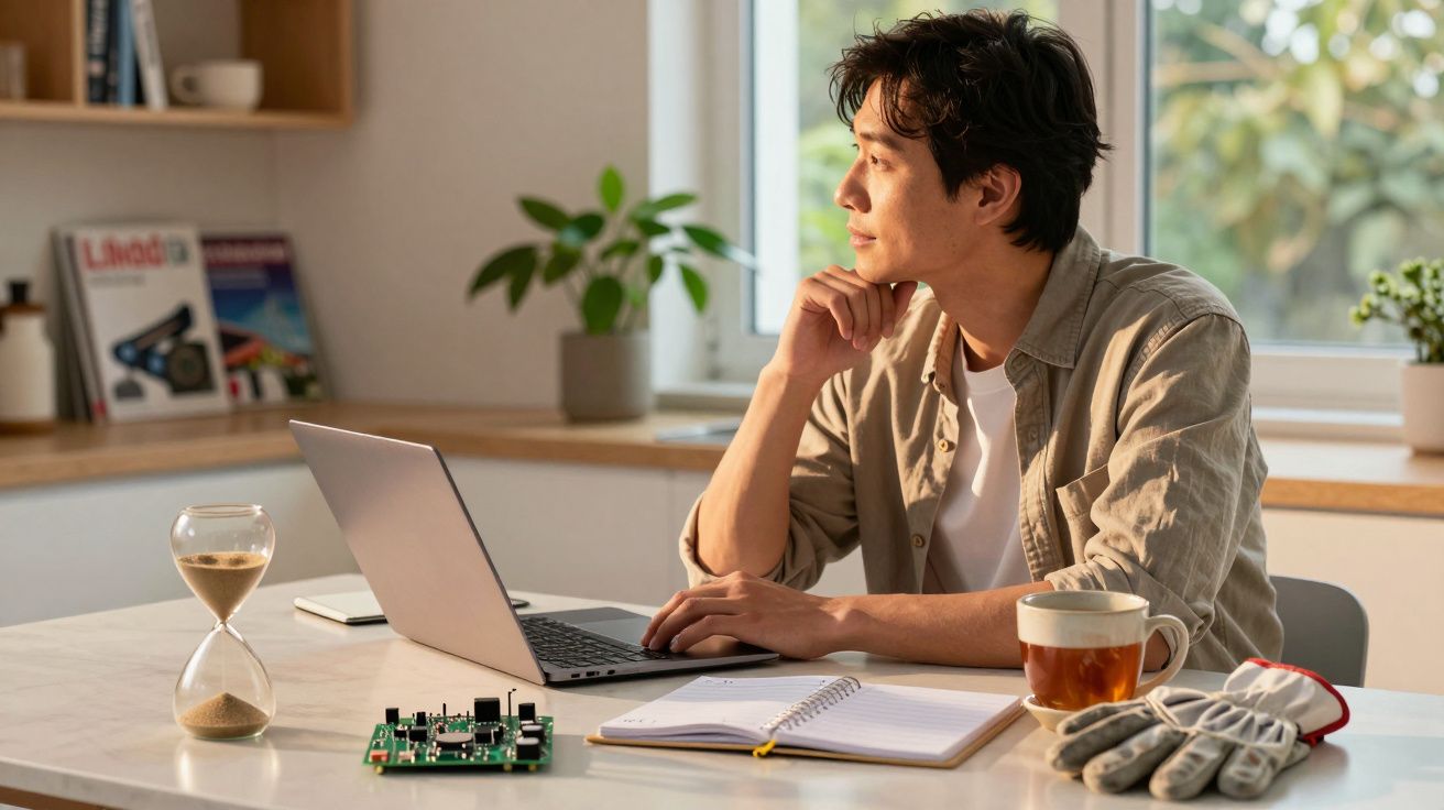 Homem sentado à mesa, pensativo, com portátil, caderno aberto, chávena e ampulheta, ao lado de janela com plantas.