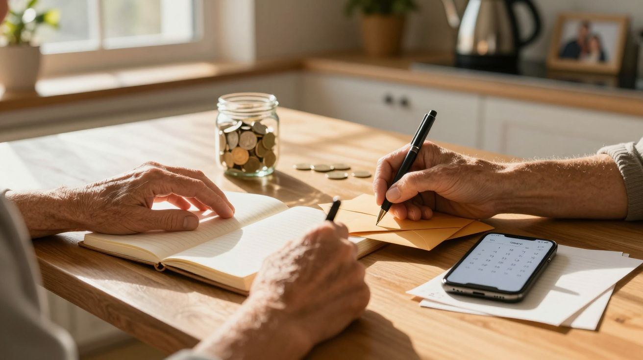 Duas pessoas fazem contas na mesa, usando caderno, smartphone e moedas num frasco.