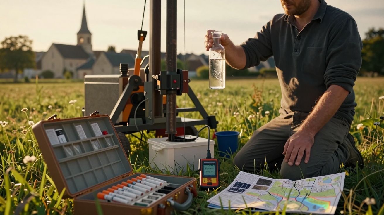 Pessoa testa amostra de água em campo com equipamento de análise, mapas e tubos de ensaio numa paisagem rural.