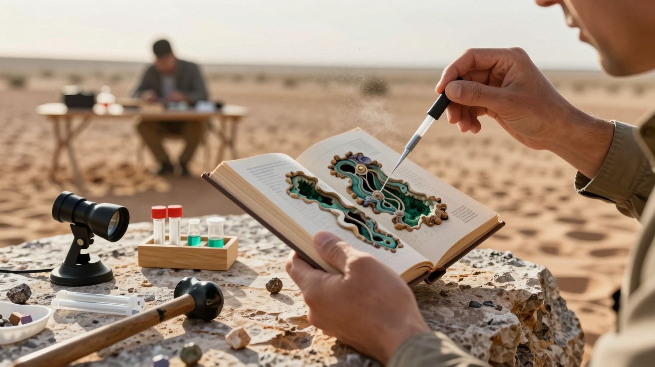 Pessoa analisa livro de geologia ao ar livre no deserto com ferramentas e amostras de rochas ao redor.