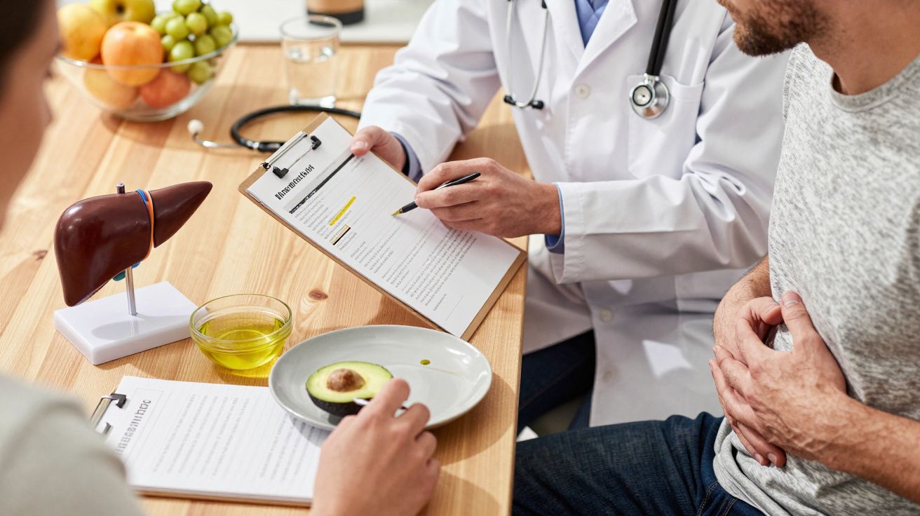Médico discute dieta saudável para o fígado com paciente, usando um modelo de fígado e anotações.