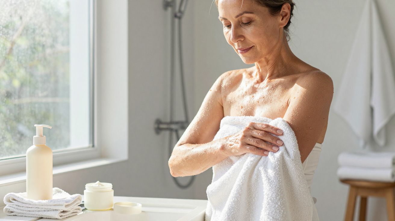 Mulher madura a secar-se com toalha branca numa casa de banho iluminada, junto a produtos de pele e janela.