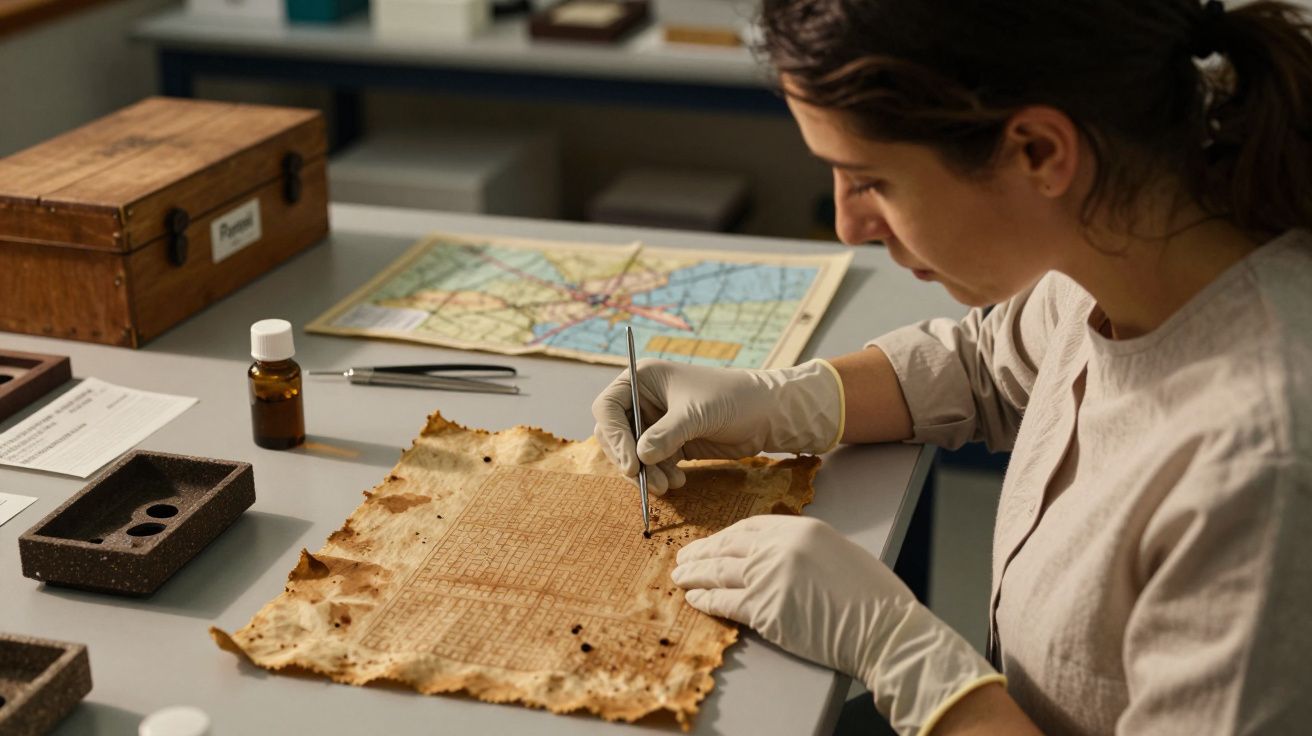 Mulher restaurando um mapa antigo numa mesa, usando luvas e ferramentas, com frascos e uma caixa ao lado.