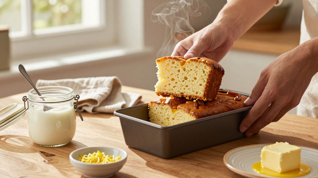 Pessoa a retirar fatia fumegante de bolo de uma forma, ao lado de manteiga e iogurte numa cozinha iluminada.