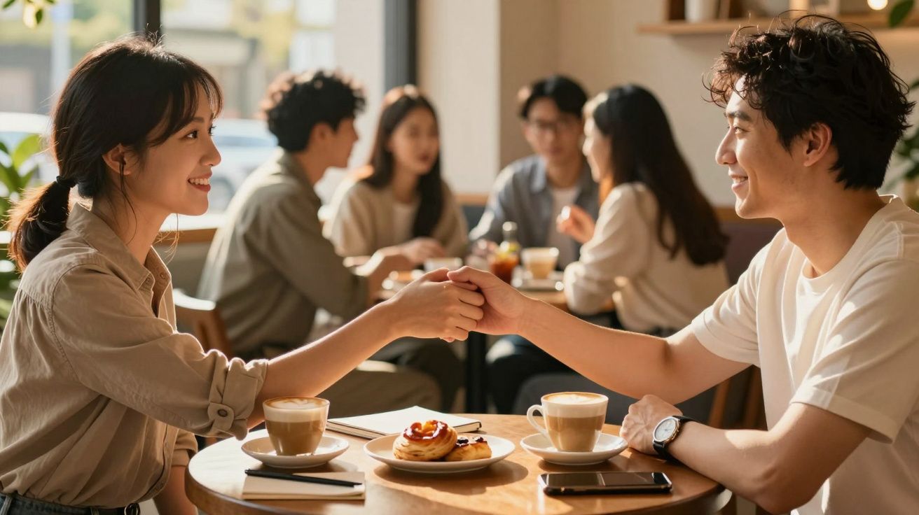 Casal a sorrir, de mãos dadas, numa cafetaria, com café e pastelaria na mesa, ao fundo um grupo de amigos a conversar.