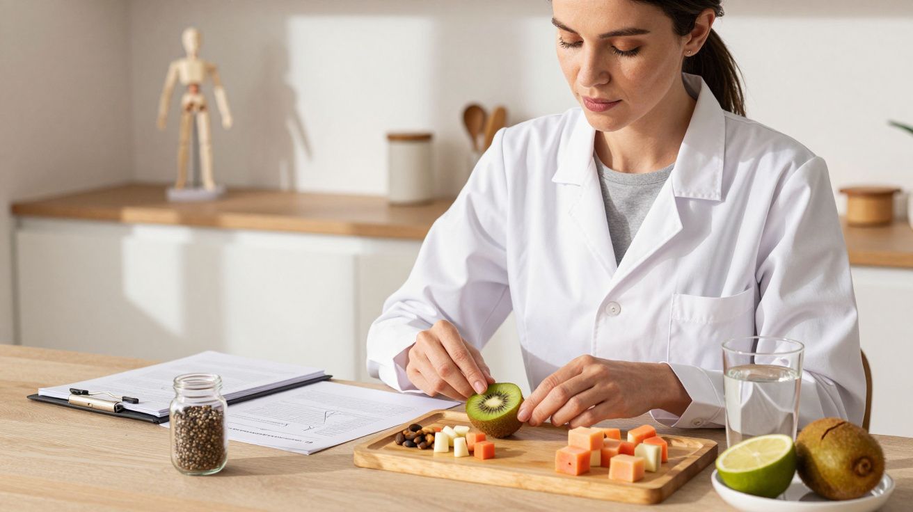 Nutricionista prepara tabuleiro com frutas e queijos. Mesa com documentos, sementes e água.