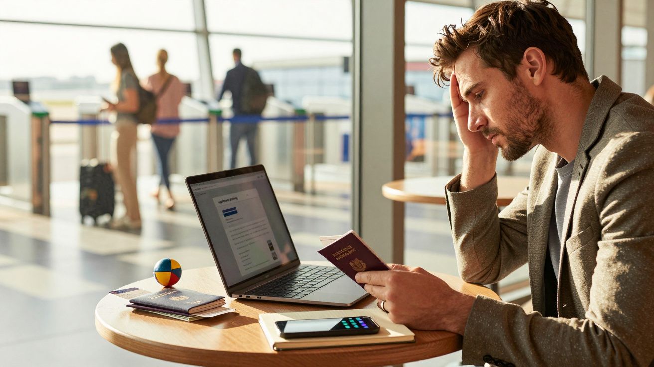 Homem sentado num café do aeroporto, olhando passaporte com expressão preocupada. Computador portátil na mesa.