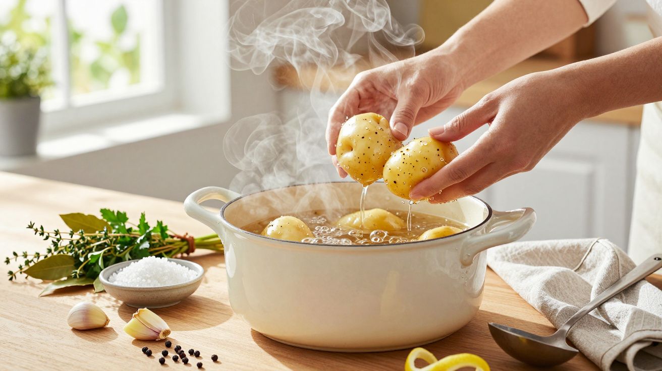 Mãos colocando batatas cozidas numa panela com vapor, ao lado de temperos e alho numa mesa de cozinha iluminada pelo sol.