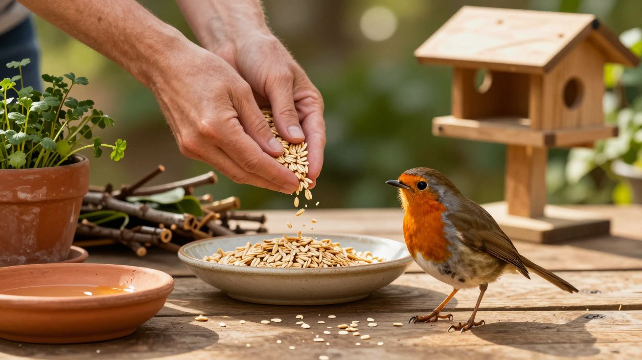 Passarinho ao lado de tigela com sementes em mesa de madeira, enquanto mãos humanas adicionam mais sementes.