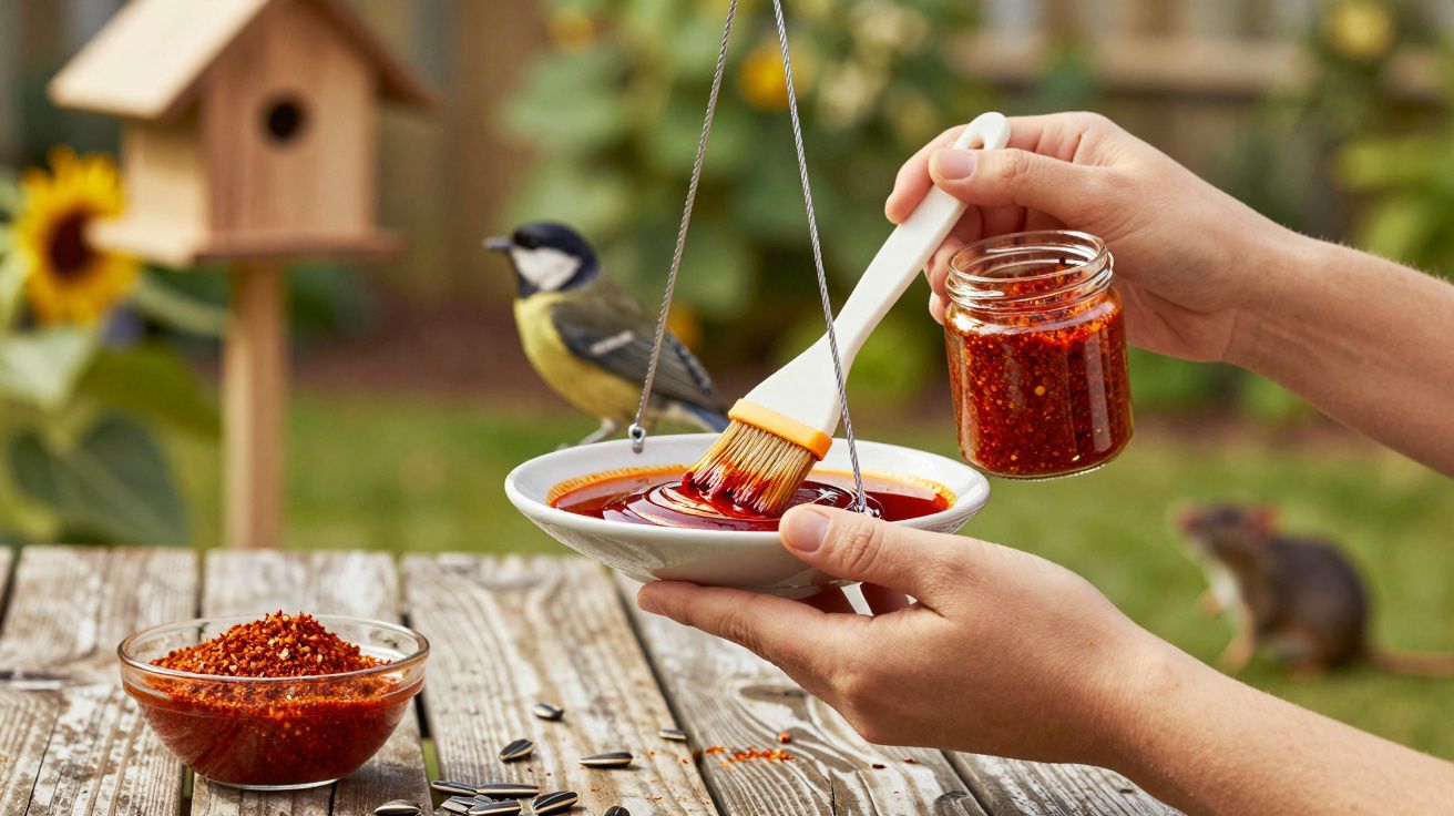 Pessoa pincela molho em tigela, com pássaro e comedouro ao fundo num jardim.