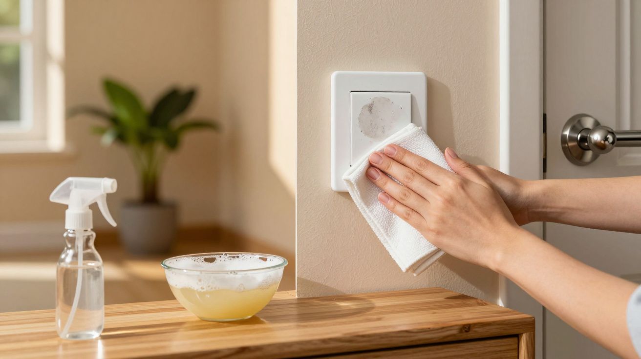 Pessoa limpa interruptor de luz com pano branco; ao lado, uma tigela e um frasco spray em cima de uma bancada de madeira.