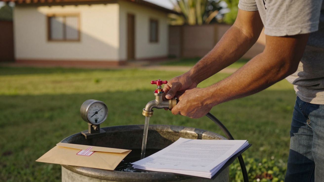 Homem ligando torneira sobre balde com documentos e um envelope, num jardim com casa ao fundo.