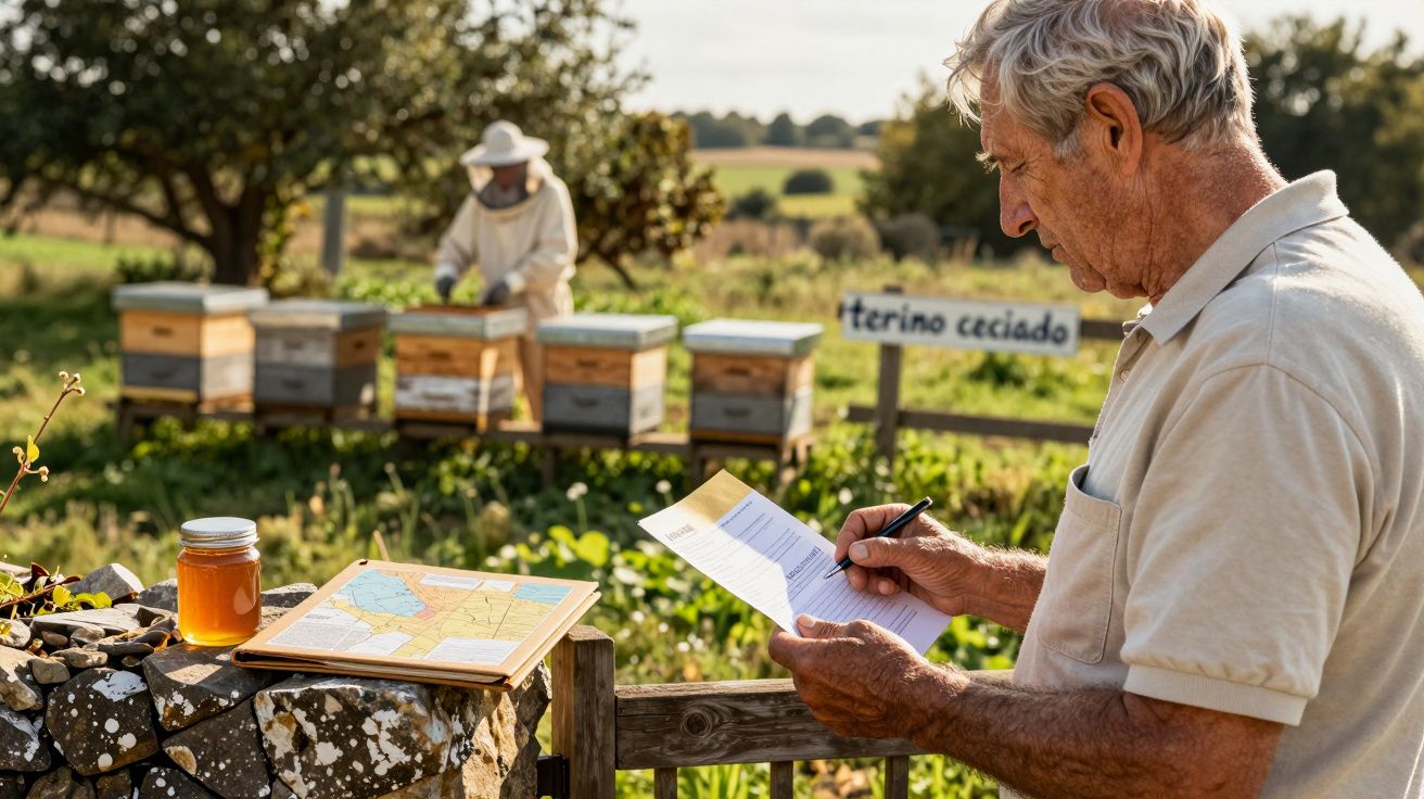 Homem idoso escreve num bloco de notas num apiário, com colmeias e apicultor ao fundo, jarro de mel em primeiro plano.