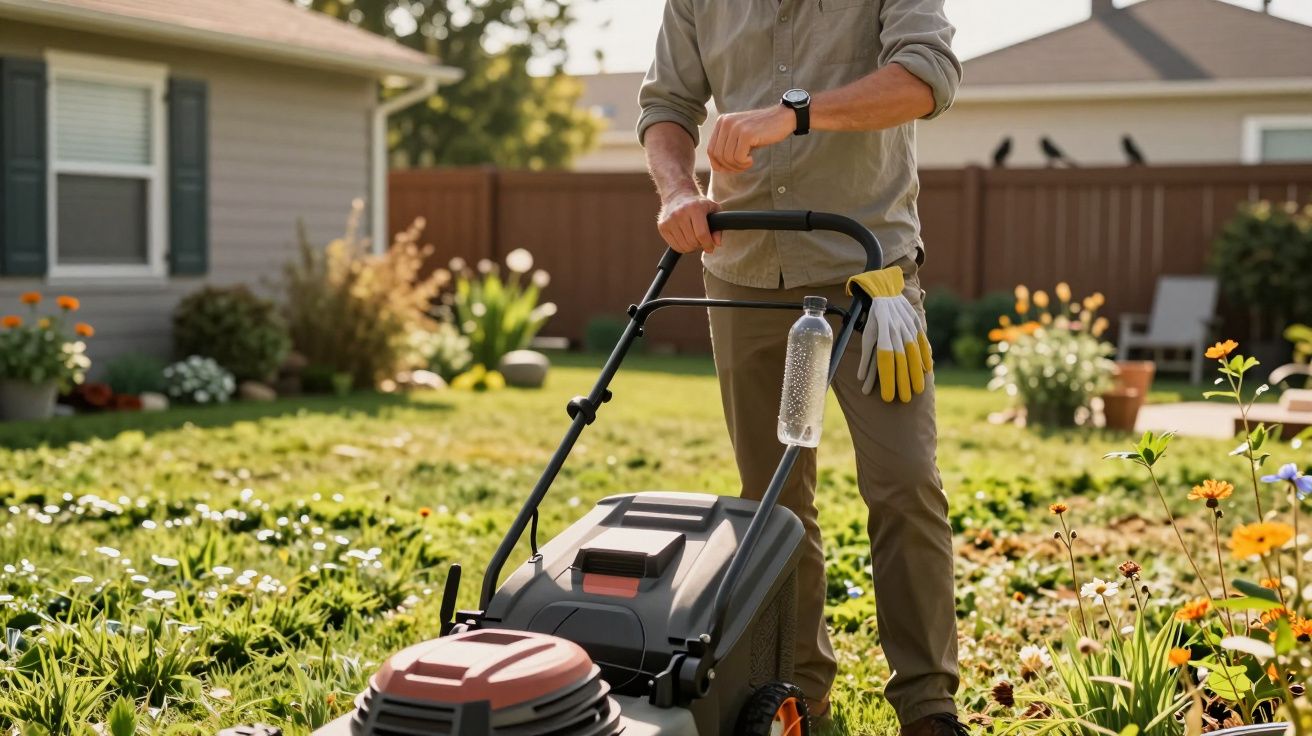 Homem a cortar relva num jardim ensolarado, usando um corta-relvas.