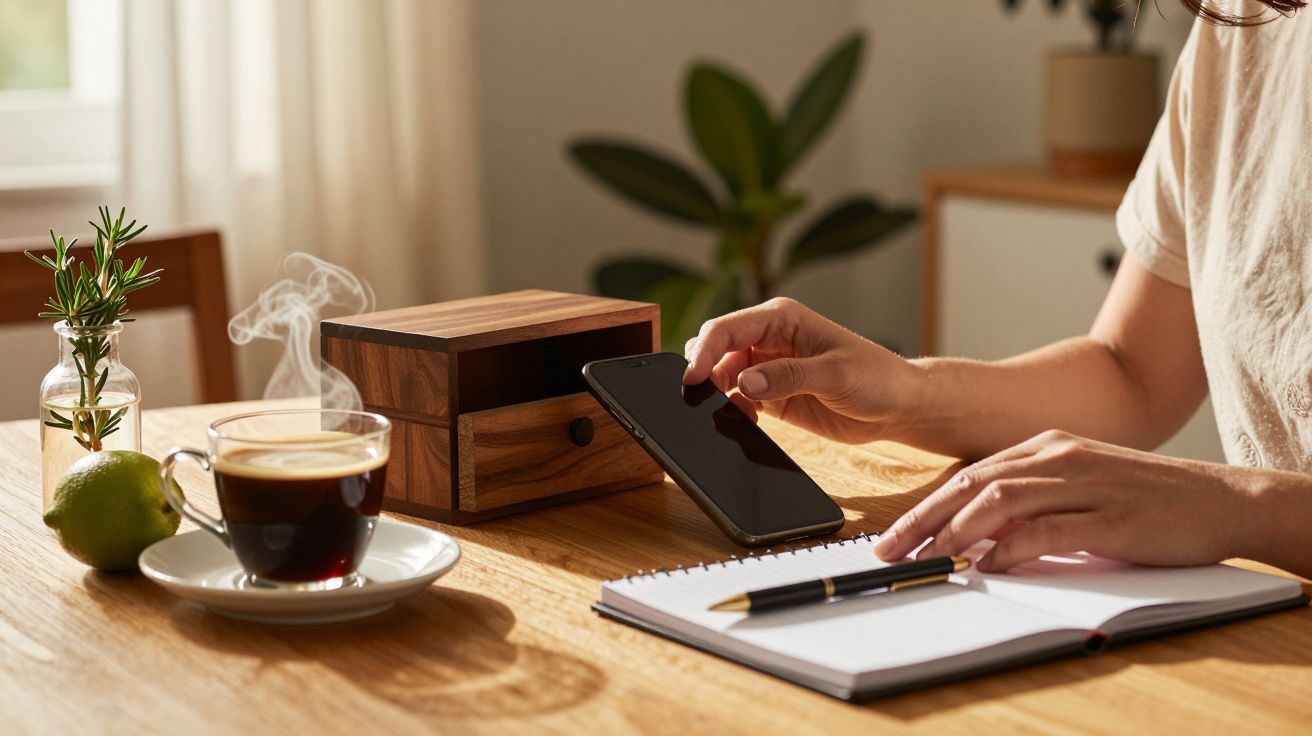 Pessoa usa smartphone e toma notas numa mesa com café, bloco de notas, planta e caixa de madeira.