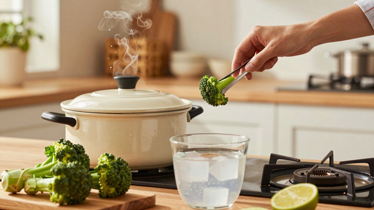 Mão segura brócolos sobre uma panela a ferver numa cozinha com fogão, água com gelo e lima ao lado.