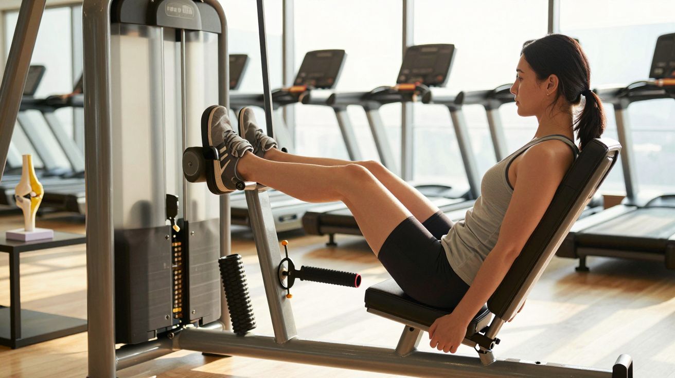 Mulher a exercitar-se numa prensa de pernas num ginásio, com passadeiras ao fundo.