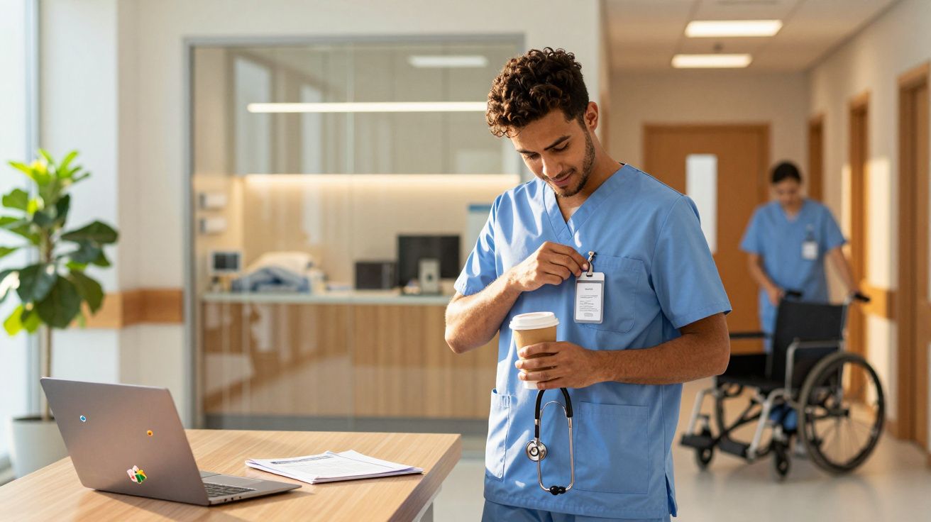 Enfermeiro em uniforme azul olha crachá, segurando café, numa clínica. Ao fundo, outra enfermeira empurra cadeira de rodas.