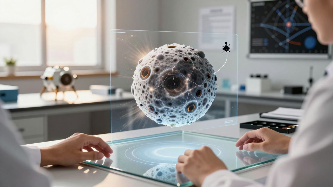 Cientistas analisam holograma de asteroide numa mesa digital num laboratório moderno.