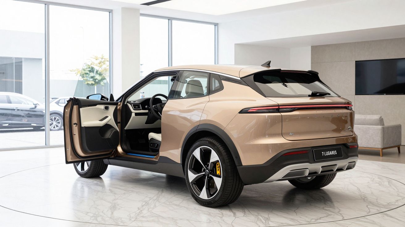 SUV moderno dourado com porta aberta num showroom luminoso.