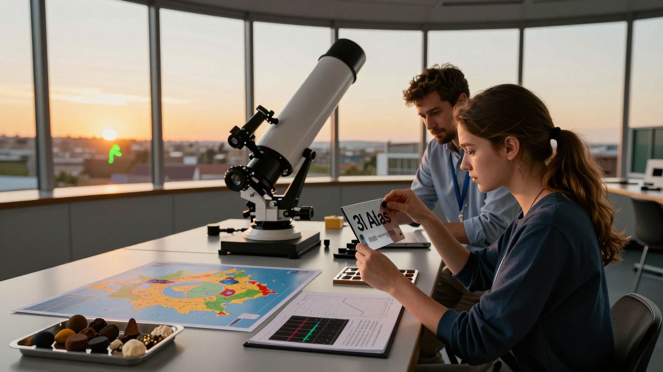 Duas pessoas estudam mapas e documentos numa sala com telescópio, durante o pôr do sol.