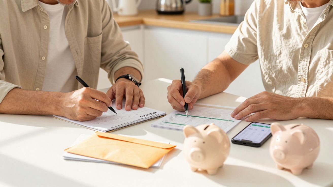 Duas pessoas fazem planos financeiros numa mesa com papéis, telemóvel e dois mealheiros em forma de porco.