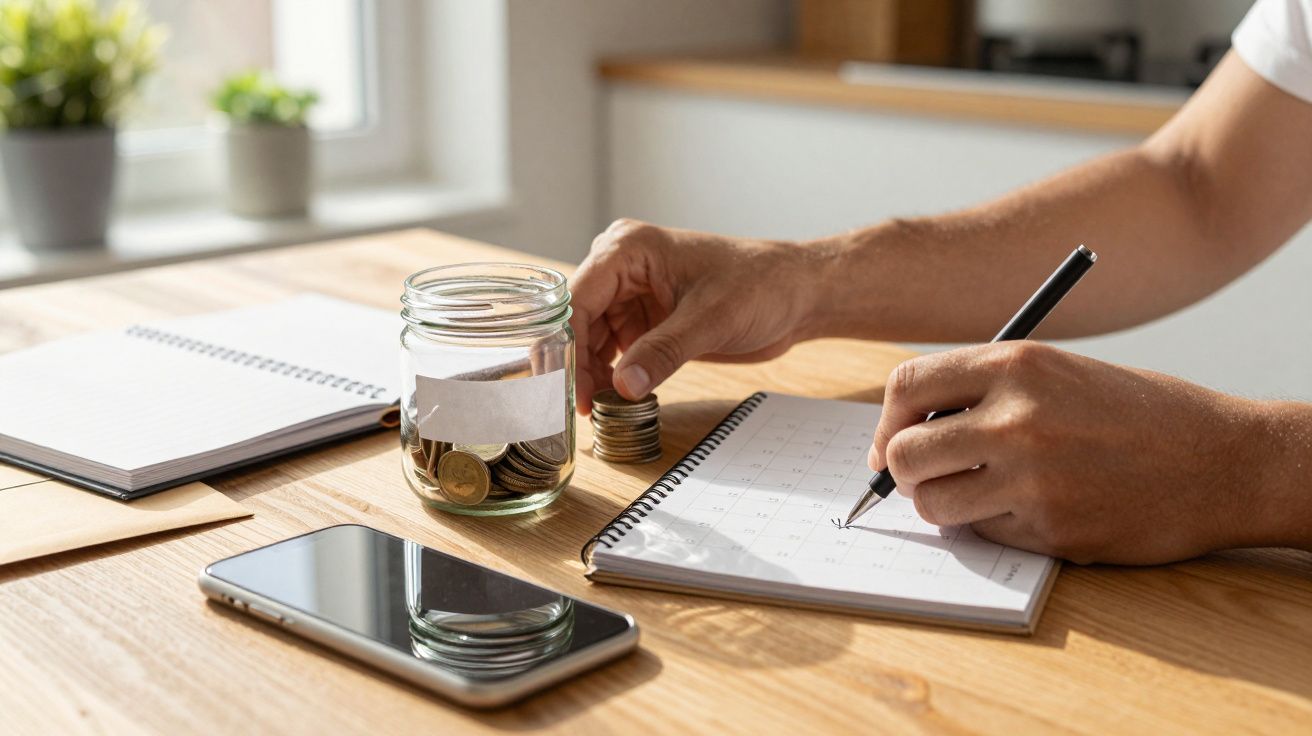 Pessoa a escrever num caderno, com um frasco de moedas e smartphone sobre a mesa.