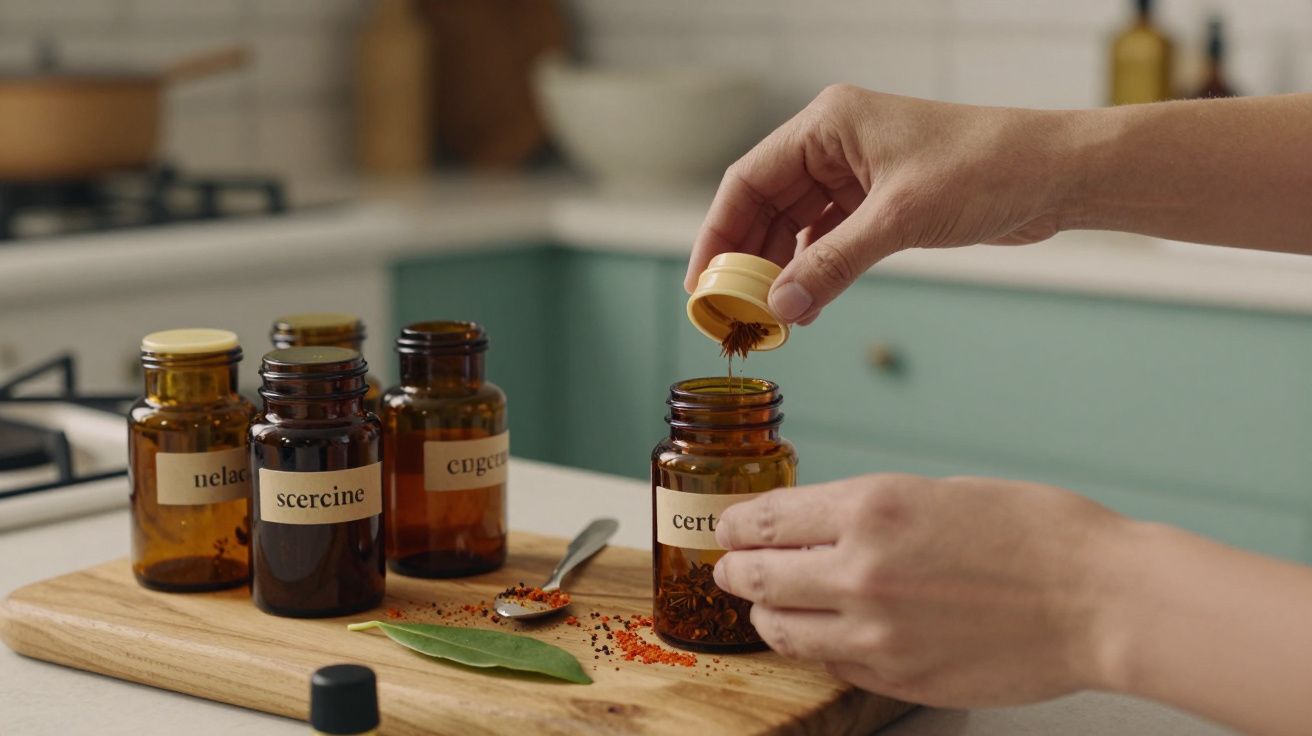 Mãos a adicionar especiarias a frasco âmbar numa cozinha, com outros frascos e colher numa tábua de madeira.