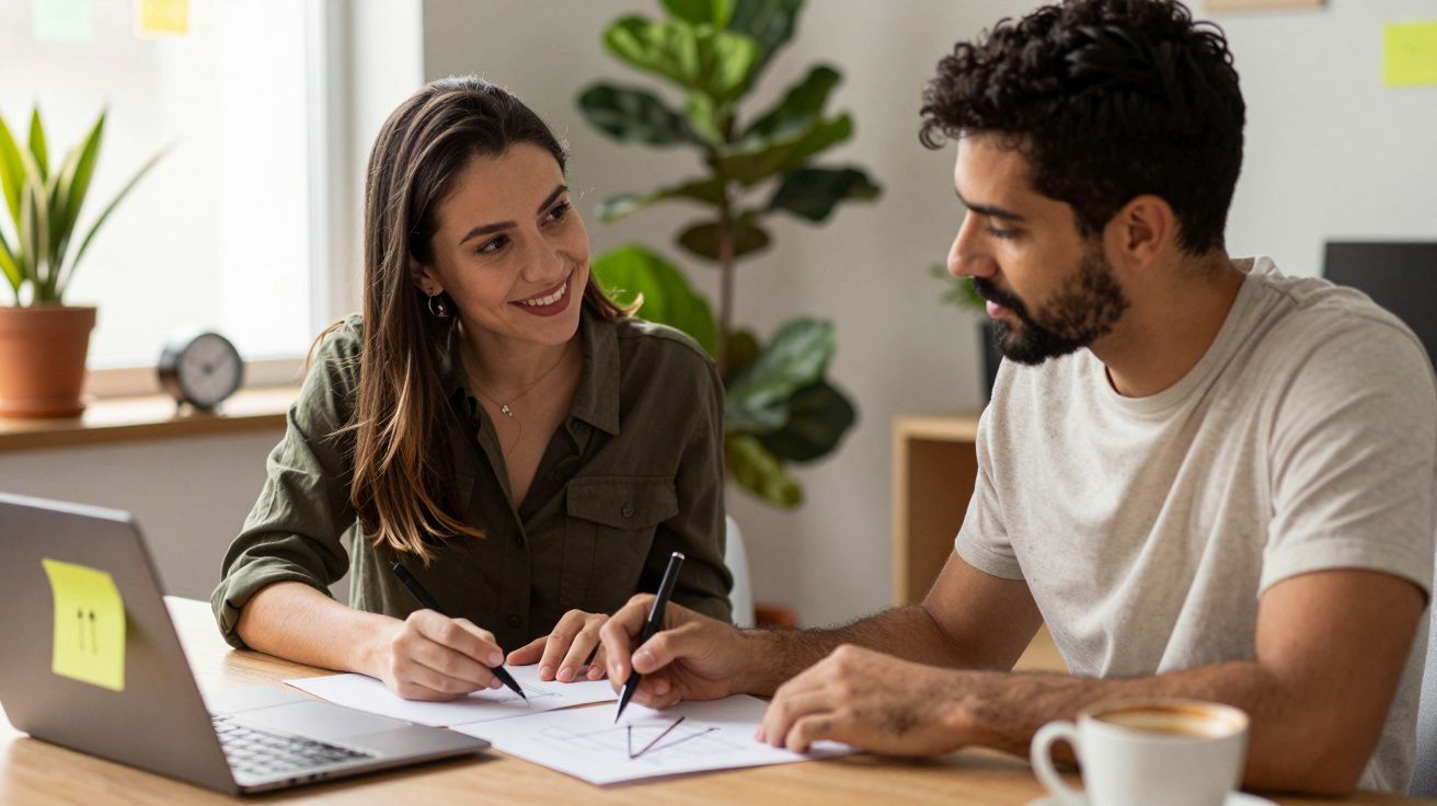 Homem e mulher a sorrir enquanto trabalham juntos numa mesa com portátil, papéis e chávena de café.