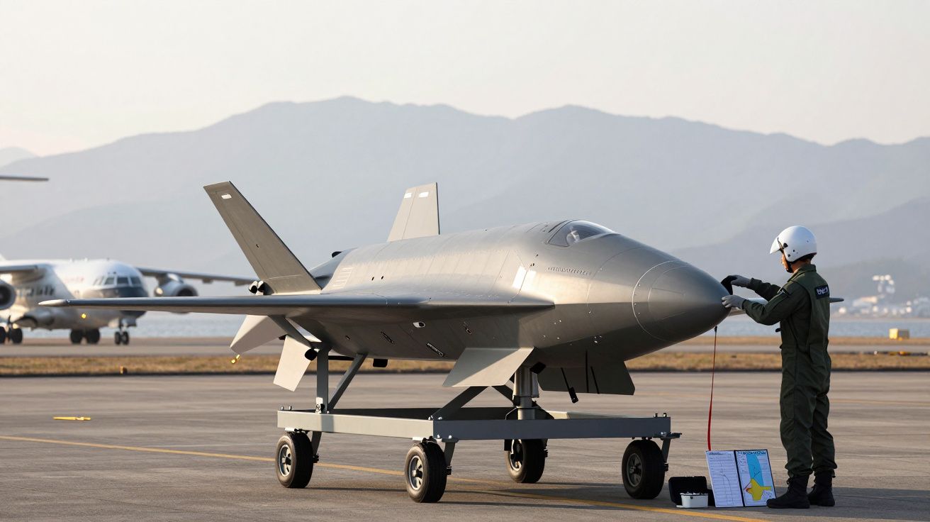 Pessoa opera drone num aeroporto, com montanhas ao fundo e aviões estacionados.