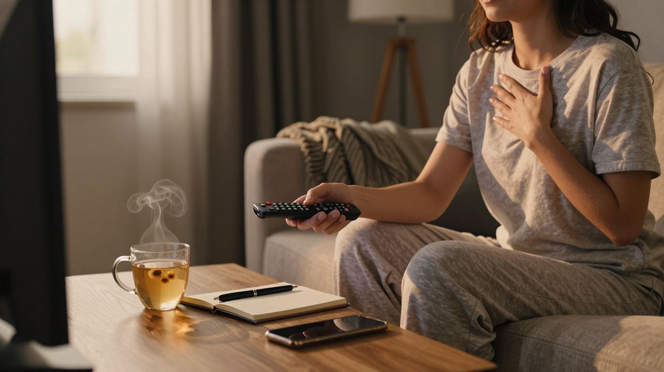 Mulher em pijama segura comando de TV, com chá quente e bloco de notas na mesa à frente.