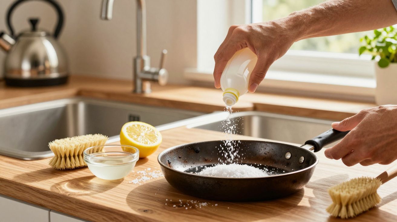 Pessoa a limpar frigideira com produto, ao lado de pia, escova, limão e copo de água numa cozinha iluminada.