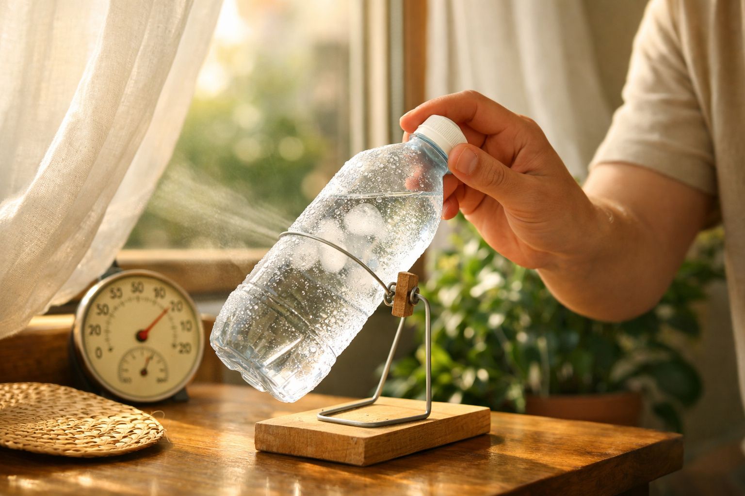 Ventoinha de mesa e garrafa de água numa bandeja molhada numa cozinha iluminada pelo sol.