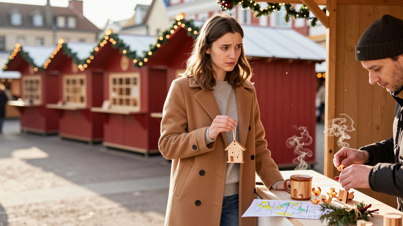 Mulher segurando uma casa em miniatura num mercado natalício ao ar livre com bancas decoradas e um homem ao lado.