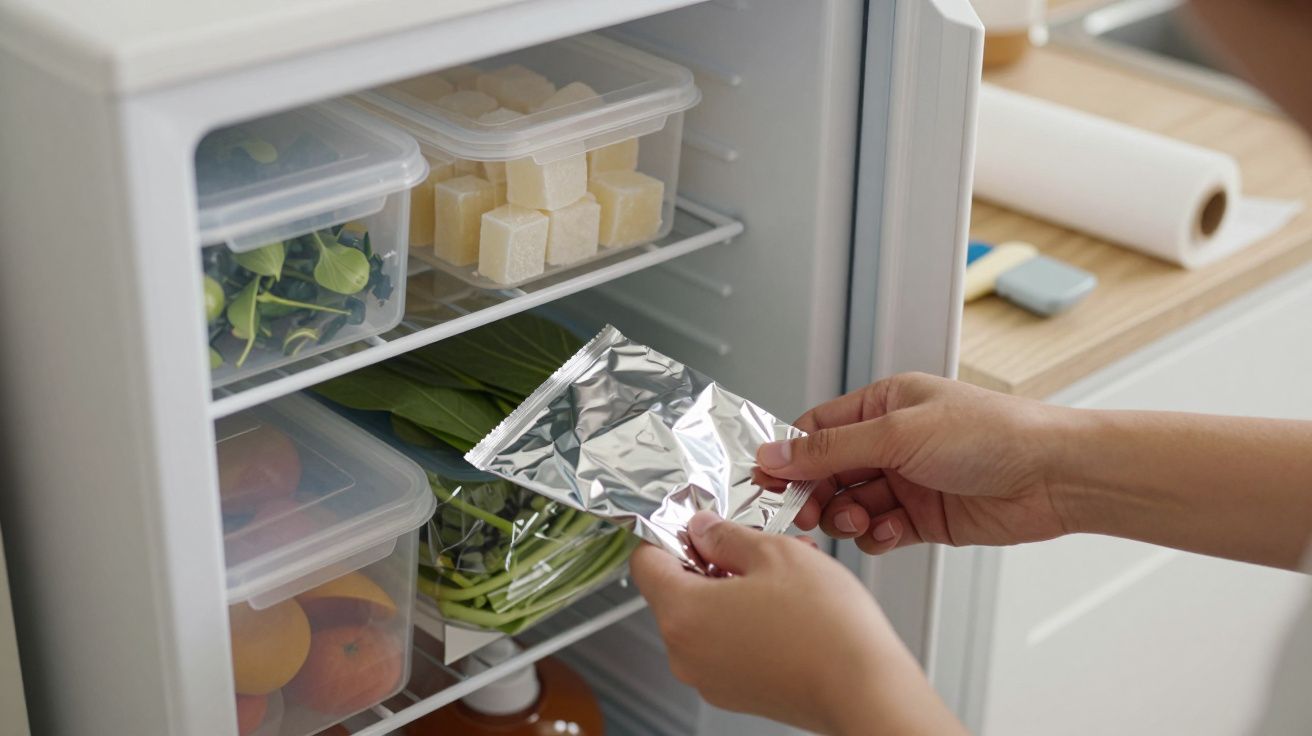Mãos colocando um pacote selado num frigorífico com frutas e legumes em caixas transparentes.