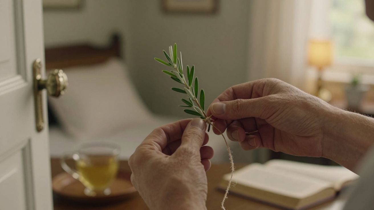 Mãos seguram ramo verde amarrado com fio, com chá e livro sobre mesa ao fundo numa sala iluminada.