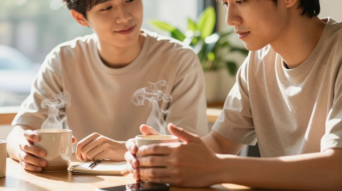 Dois jovens conversam enquanto tomam café numa mesa de madeira, com um caderno e plantas ao fundo.