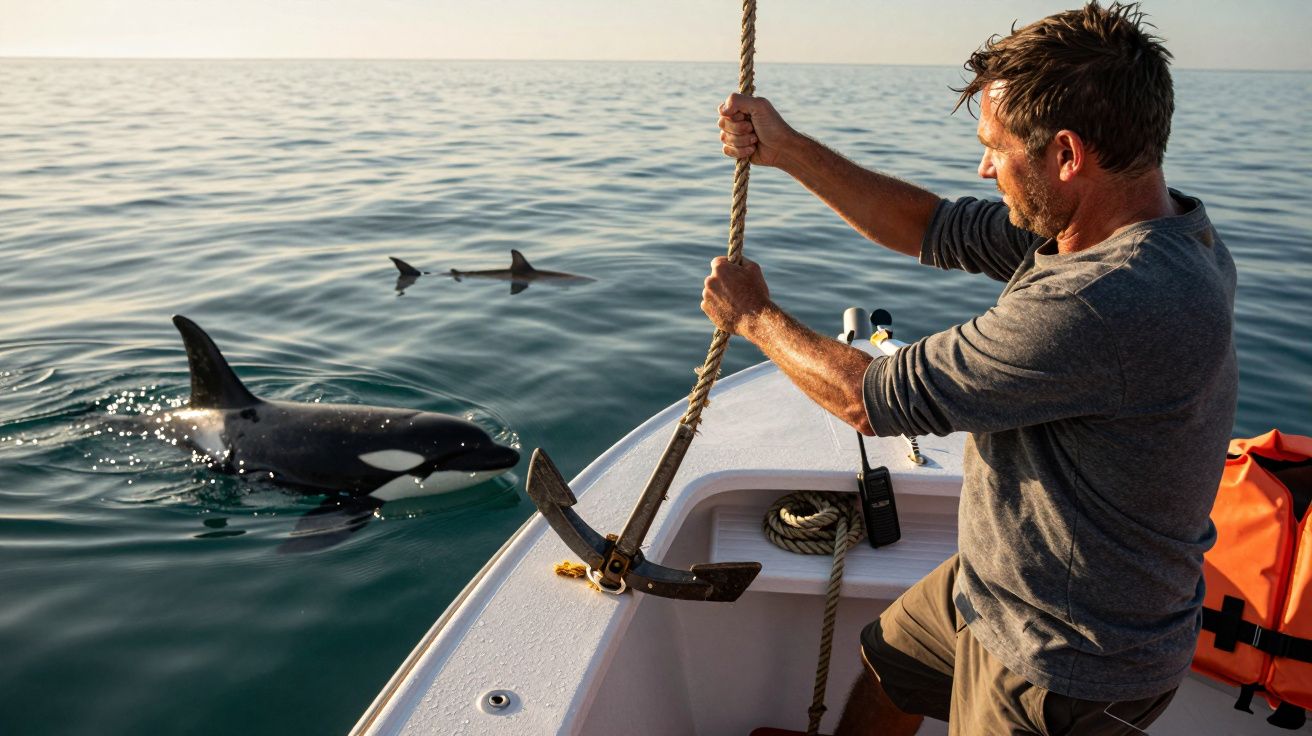 Homem numa lancha segura uma âncora enquanto observa orcas nadando ao redor no mar calmo e ensolarado.