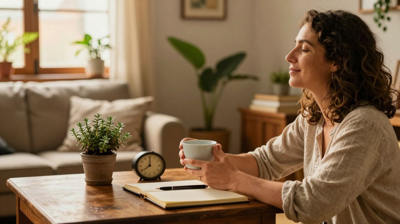Mulher relaxa com chá numa sala iluminada, ao lado de um caderno e relógio, com plantas ao fundo.