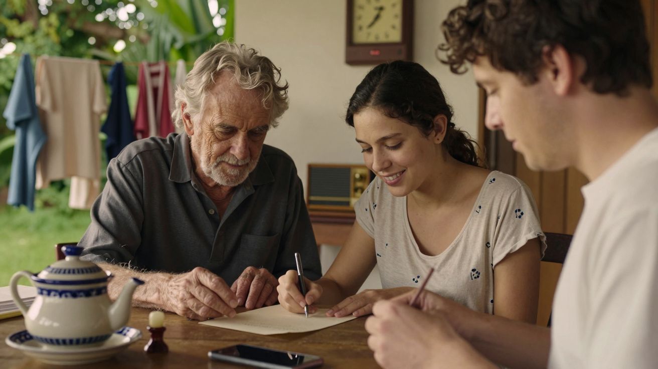 Idosos e jovens escrevem numa mesa de madeira, com ambiente acolhedor ao fundo, incluindo roupa estendida e louça.