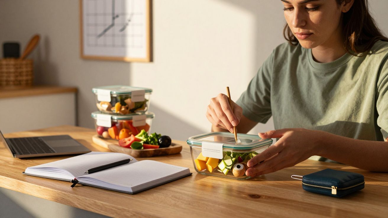 Mulher a preparar uma salada numa mesa com computador portátil, caderno e caixas de alimentos ao lado.