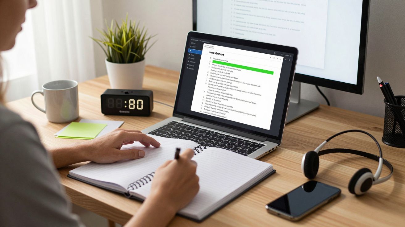 Pessoa trabalha no portátil numa mesa com caderno, chávena, relógio digital, e auscultadores.