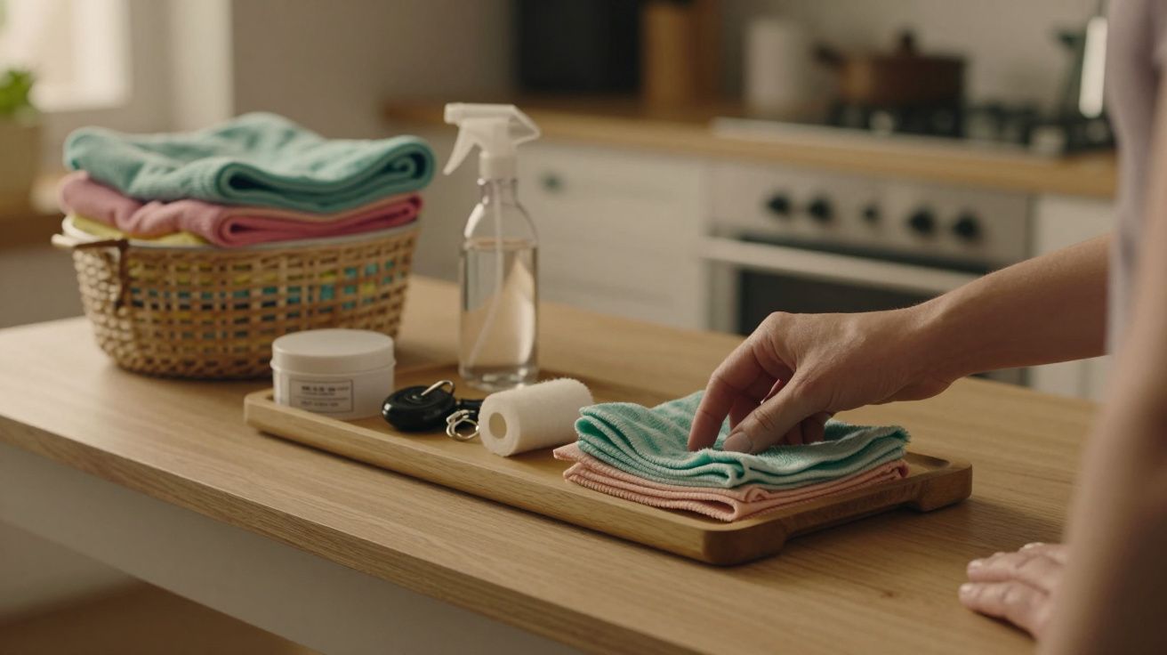 Mão arruma panos em mesa de cozinha; ao lado, cesto com toalhas, spray, pote e chave.