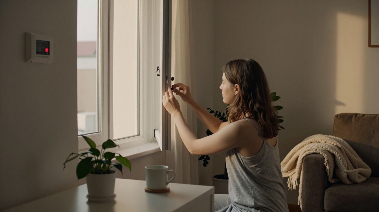 Mulher ajusta cortina ao lado de uma janela aberta, com plantas e chávena sobre a mesa. Sofá e manta ao fundo.