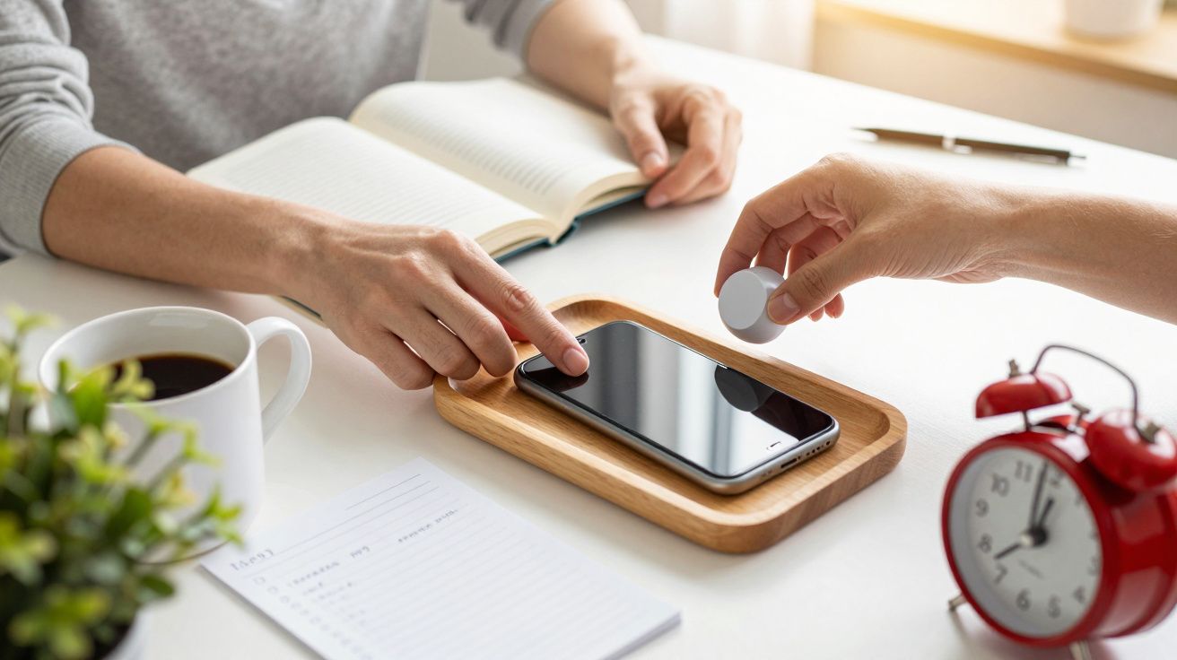 Duas pessoas interagem com smartphone e dispositivo redondo em mesa branca com bloco de notas, livro aberto e chávena de café