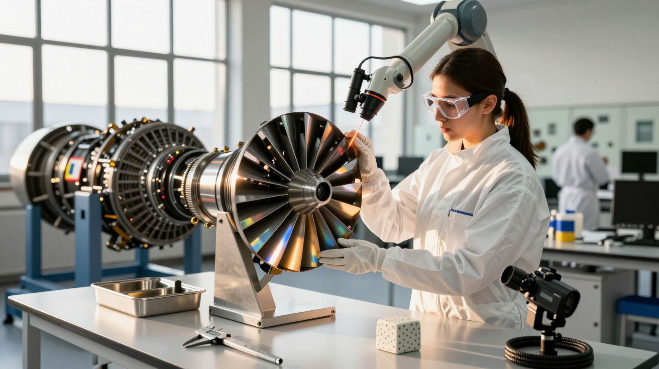 Mulher em laboratório analisa peça metálica complexa com máquina robótica. Equipamento de alta tecnologia ao redor.
