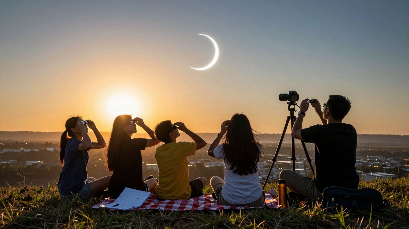 Cinco pessoas observam eclipse solar num campo ao pôr do sol, usando binóculos e câmaras.
