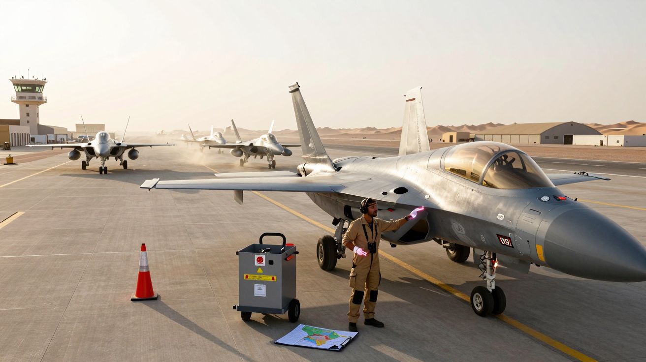 Três aviões de combate estacionados em pista de aeroporto com operador sinalizando, torre de controlo à esquerda.