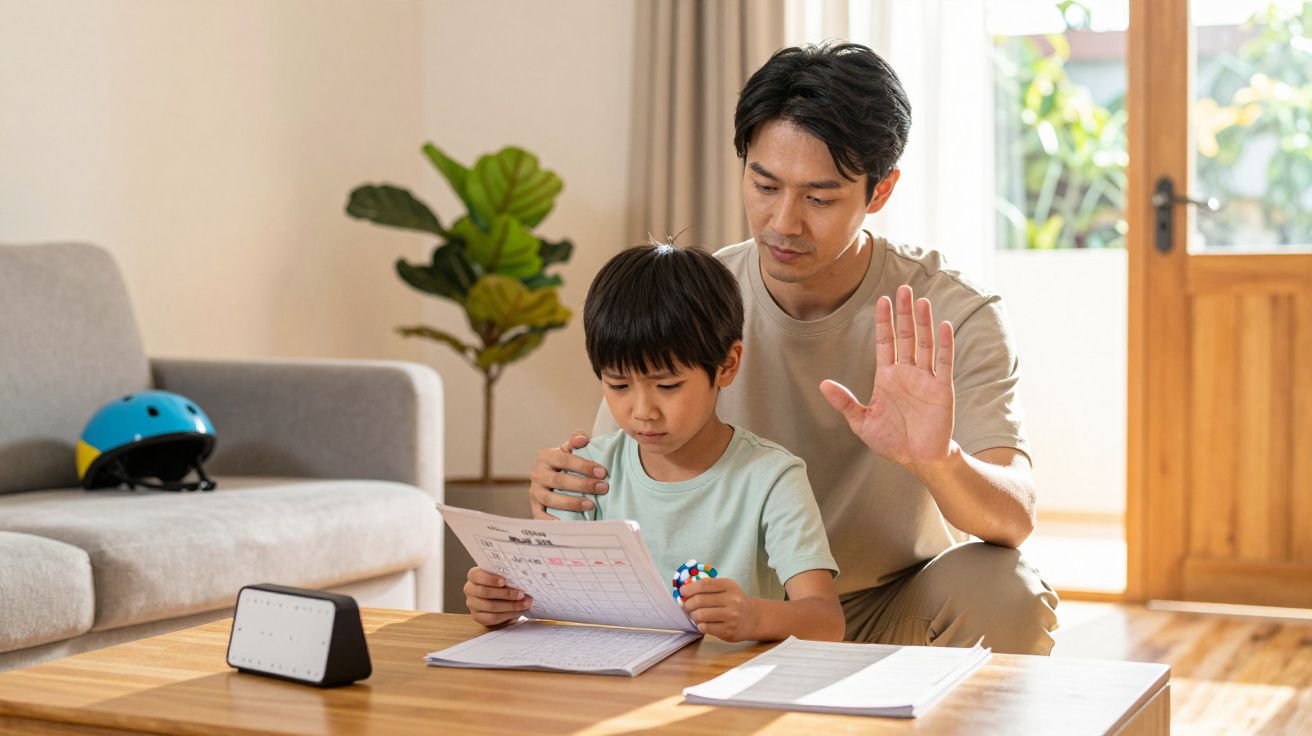Pai e filho estudam juntos na sala, com o pai guiando a tarefa do filho.