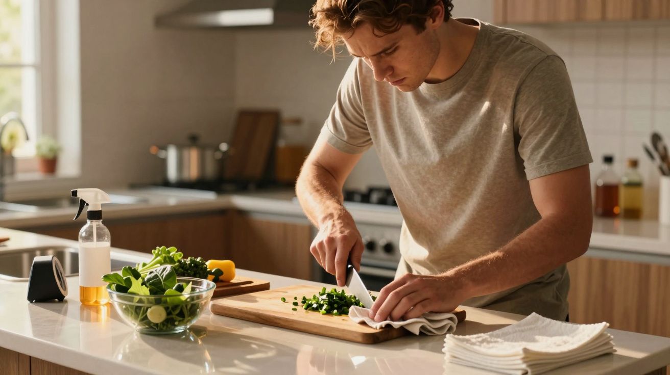 Homem a cortar legumes numa tábua de madeira numa cozinha moderna e iluminada.